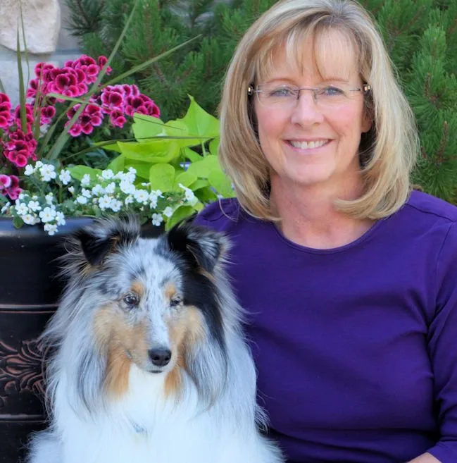 Woman in purple shirt with a sheltie dog.