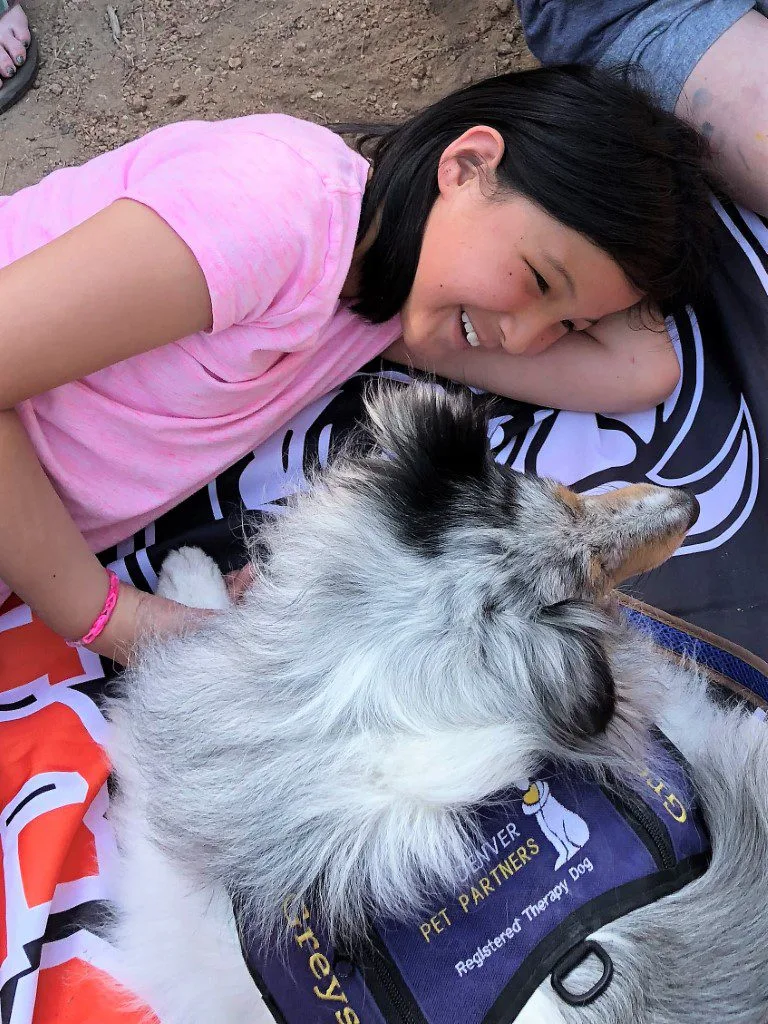 Girl smiling with a therapy dog.